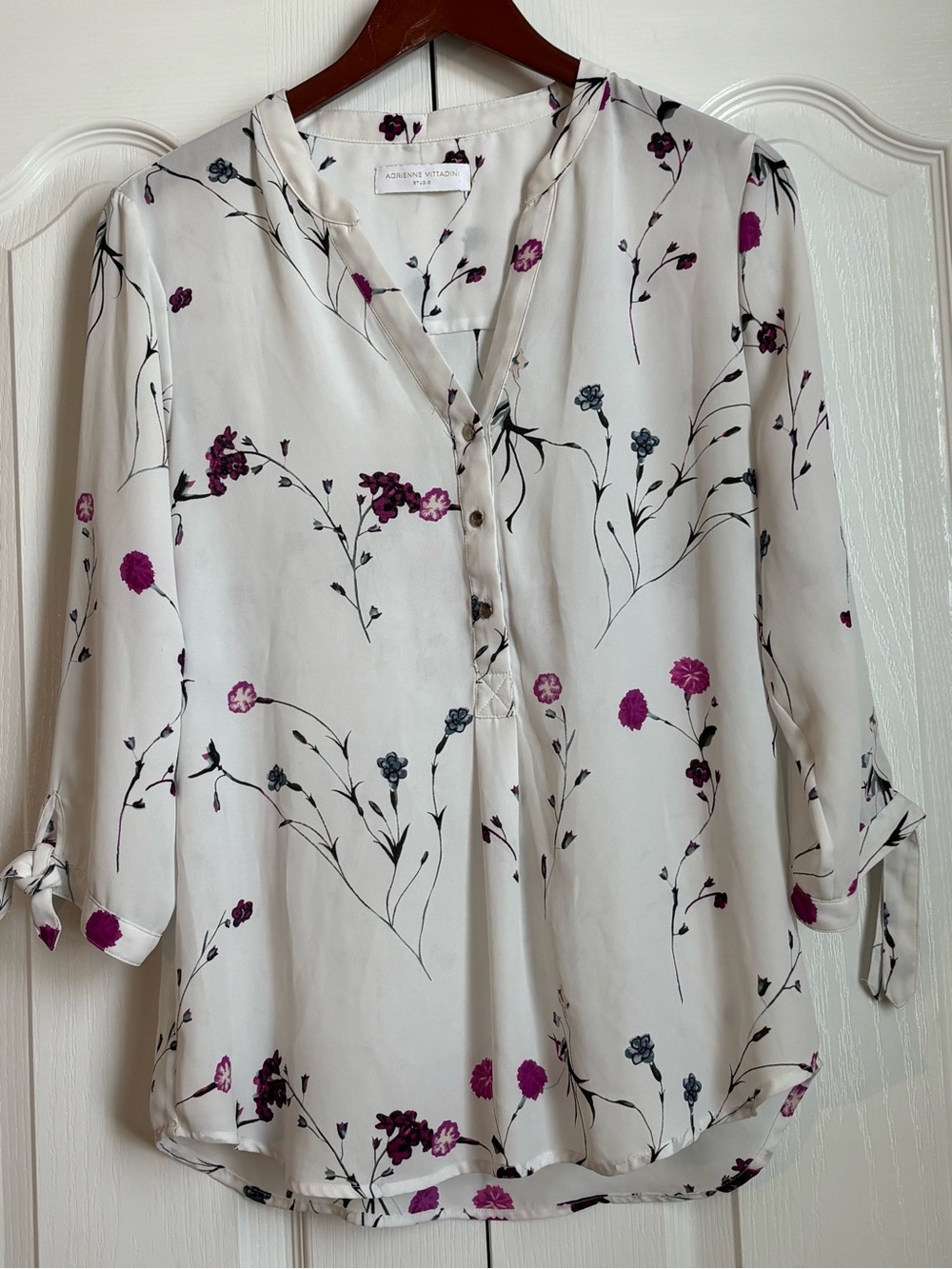 Adrienne Vittadini Cream Floral V-Neck Button Blouse with Purple Accents